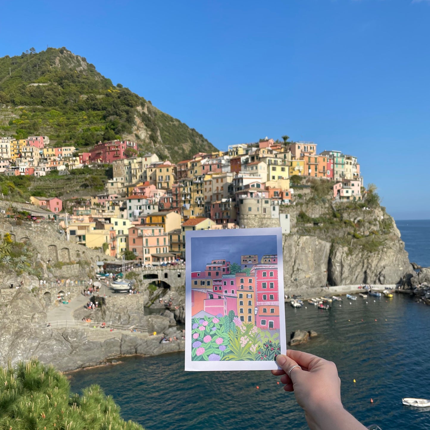 Impresión artística de viaje de las casas de Cinque Terre en Italia