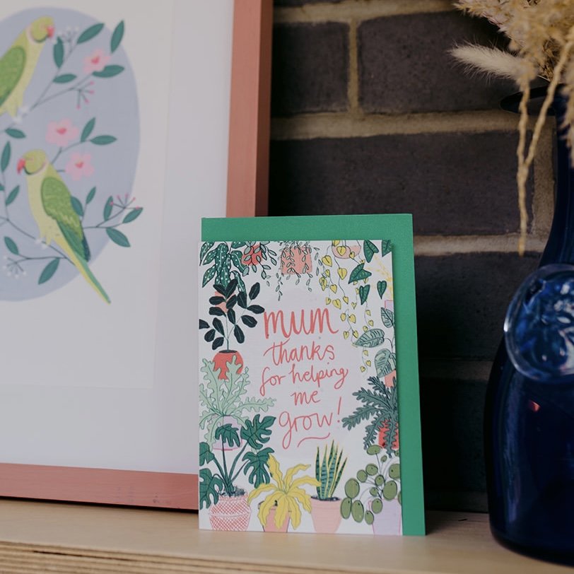 Maman, merci de m'aider à grandir !, carte sur le thème des plantes d'intérieur.