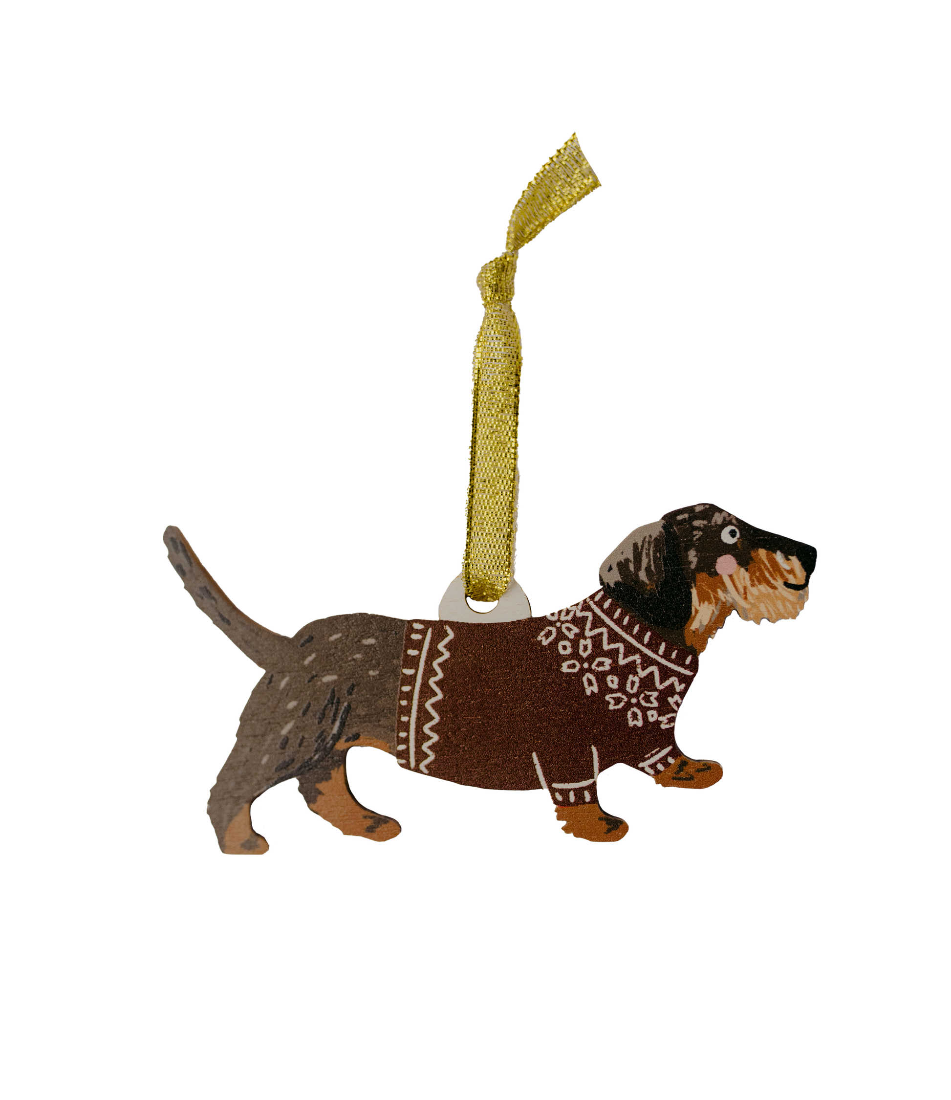 Dog ornament wearing a sweater with a gold tag on a white background