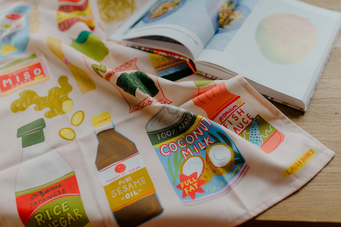 Paño de cocina de algodón orgánico con ingredientes asiáticos