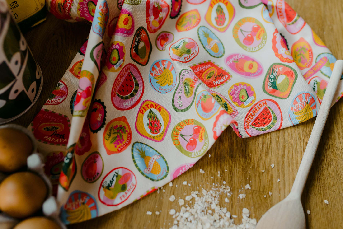 Paño de cocina de algodón orgánico con pegatinas de frutas