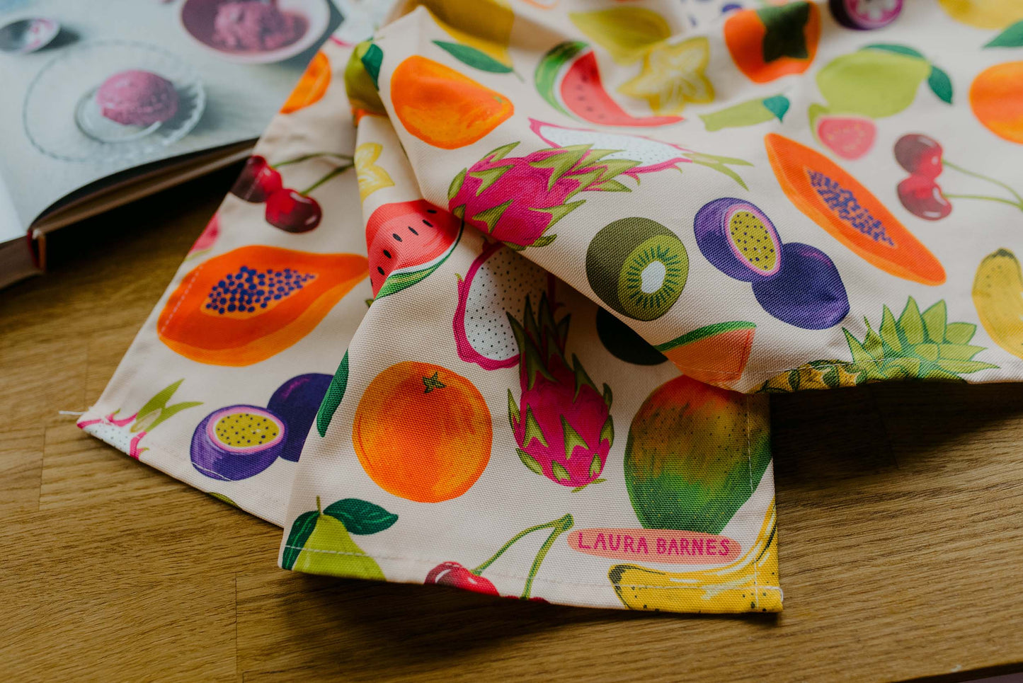 Paño de cocina de algodón orgánico con pegatinas de frutas