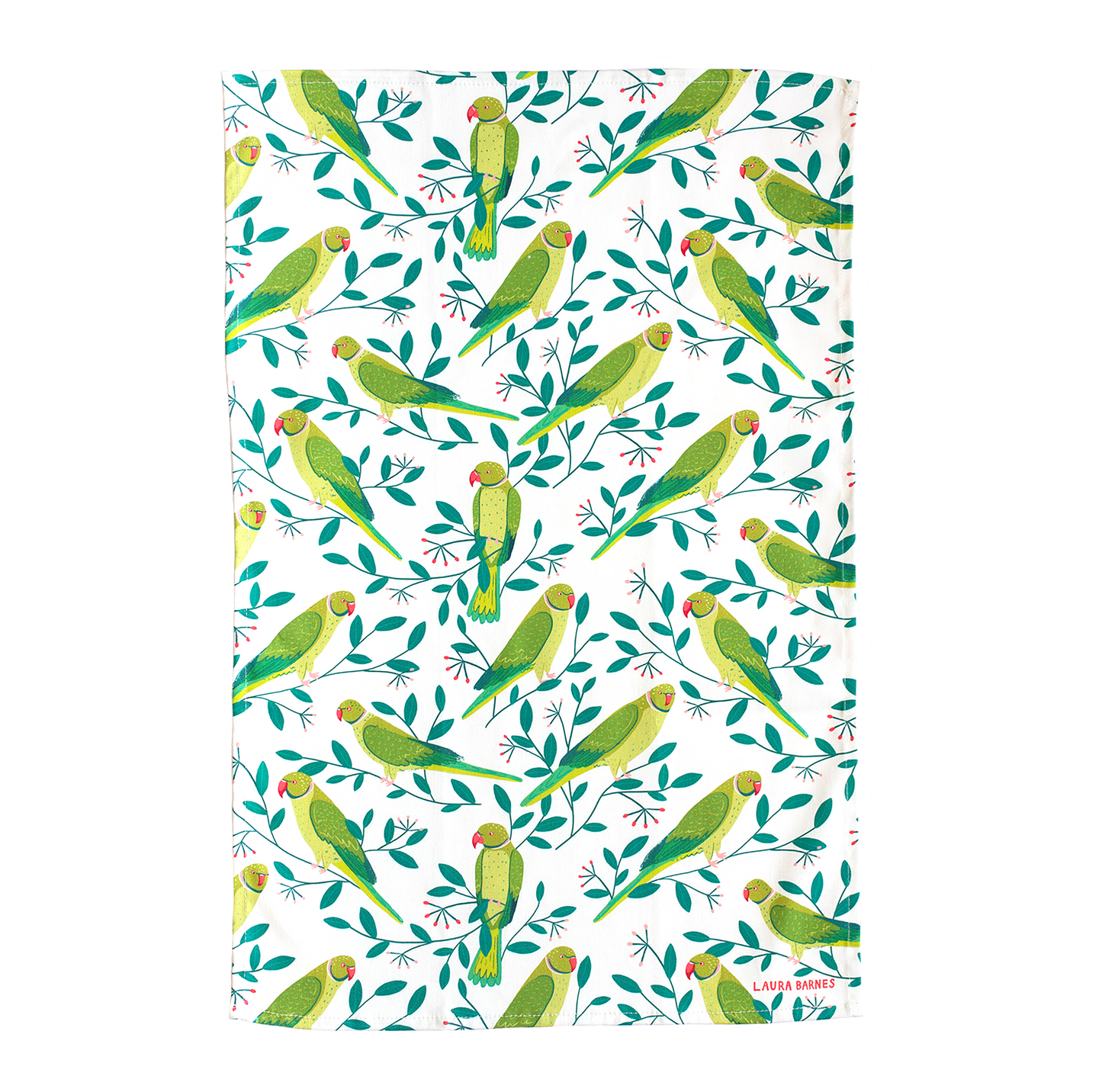 Torchon en coton bio à motif de perruches vertes