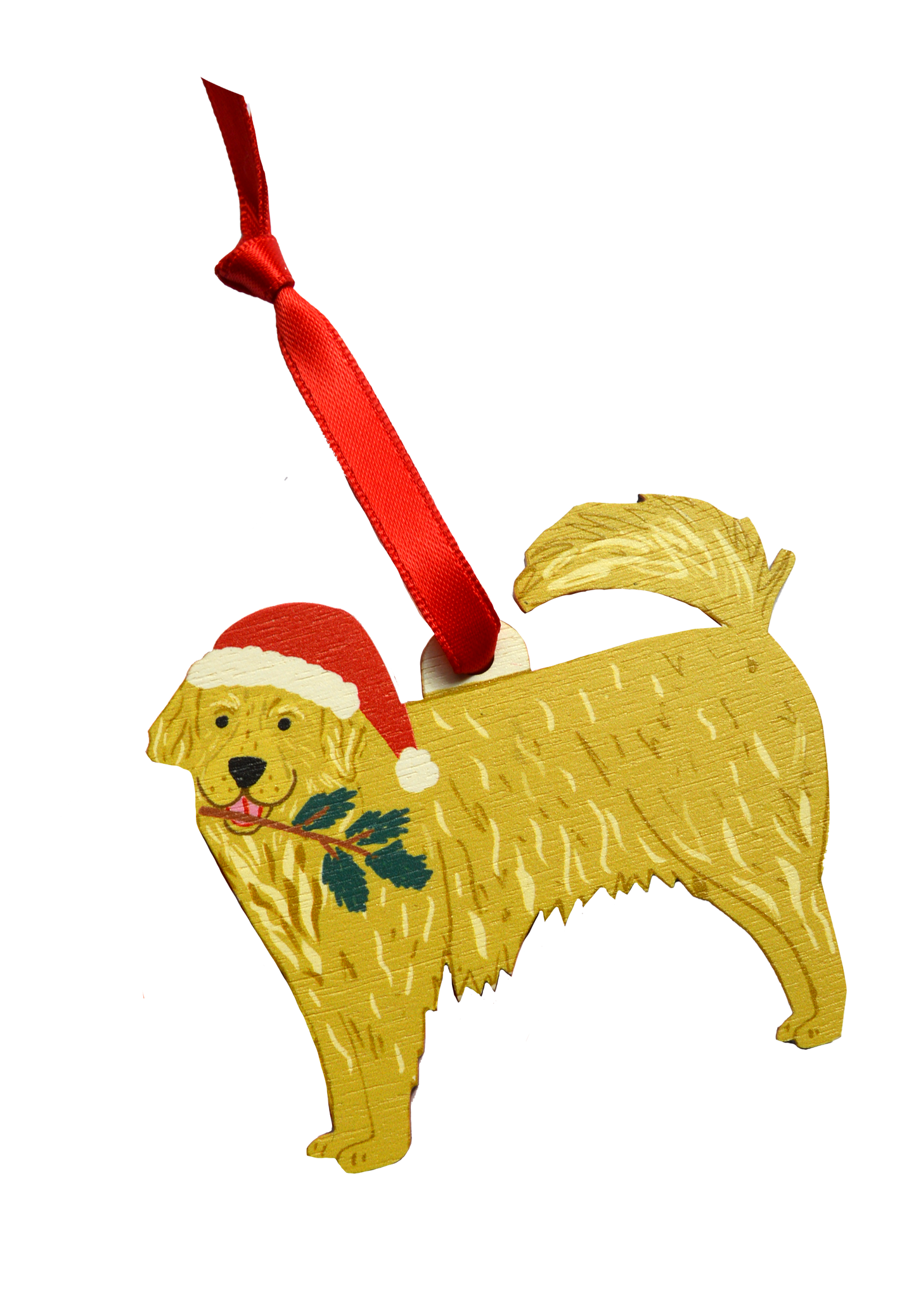 Dog Christmas ornament wearing a Santa hat with a red ribbon on a white background