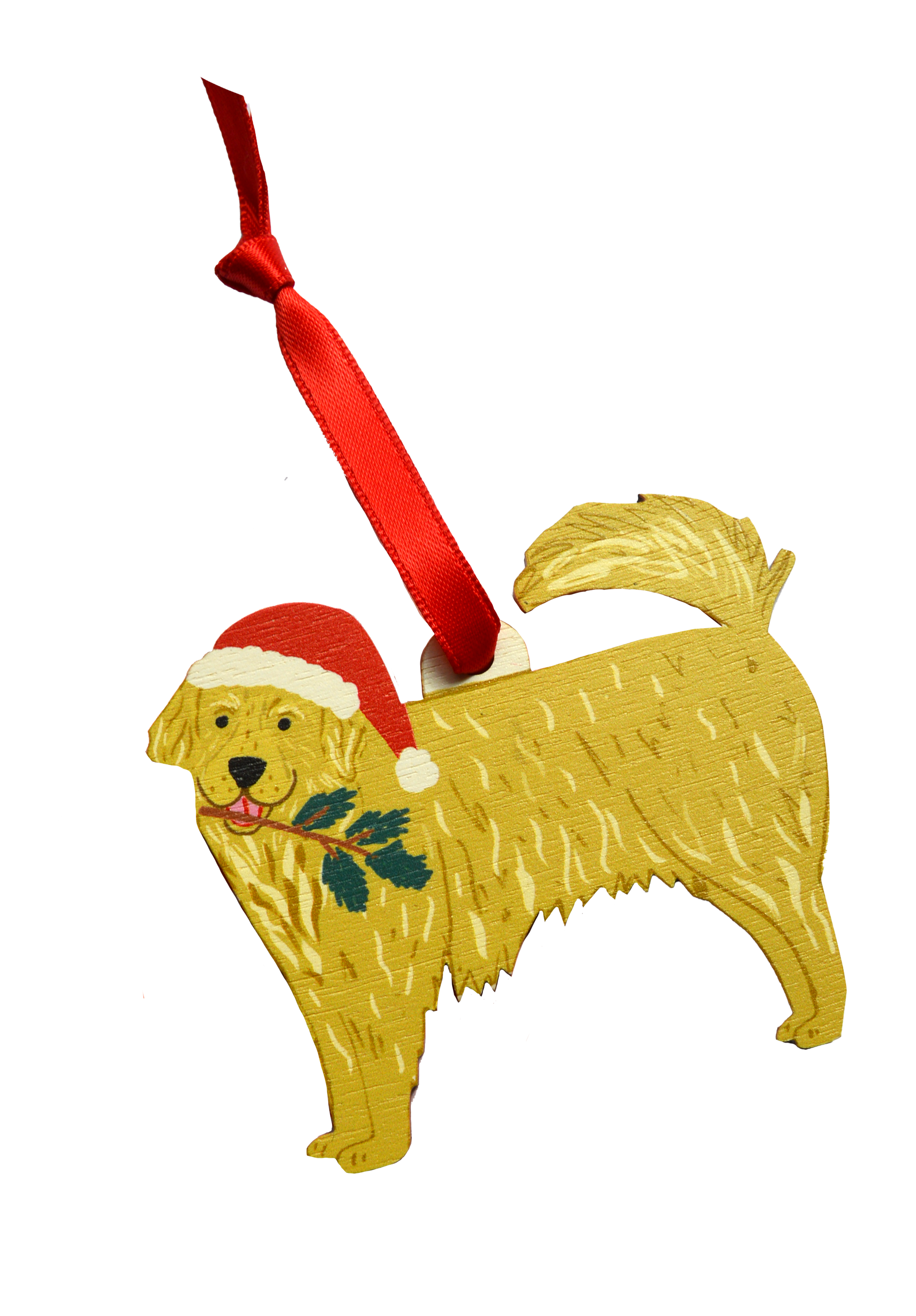 Dog Christmas ornament wearing a Santa hat with a red ribbon on a white background