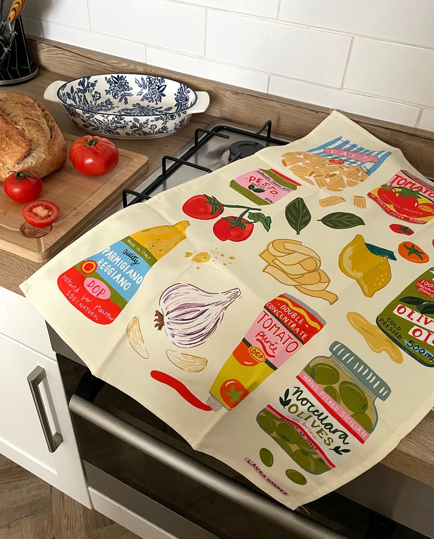 Paño de cocina de algodón orgánico con ingredientes italianos