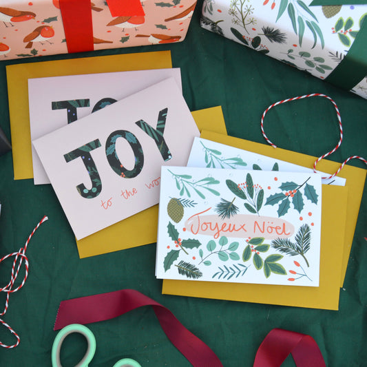 Juego de tarjetas navideñas JOY y Joyeaux Noël