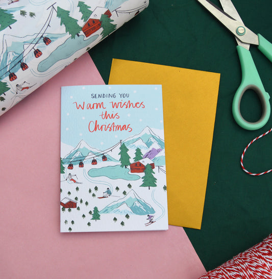 Je vous souhaite de chaleureux vœux pour ce Noël, carte de scène de ski