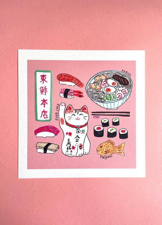 SECONDS Lucky Cat Ramen Print Size Square 21 x 21 cm