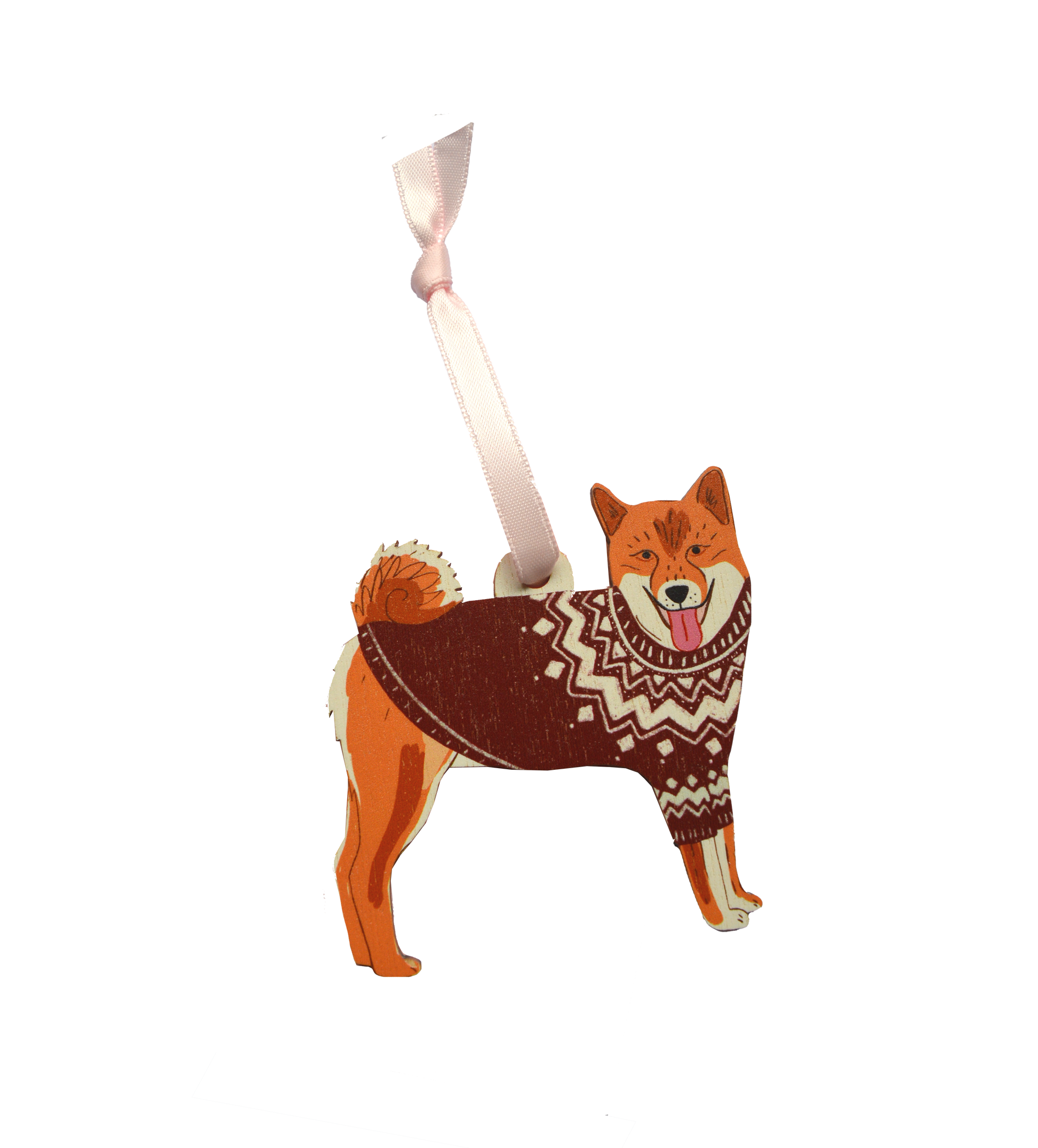 Dog-shaped ornament wearing a sweater with a ribbon on a white background